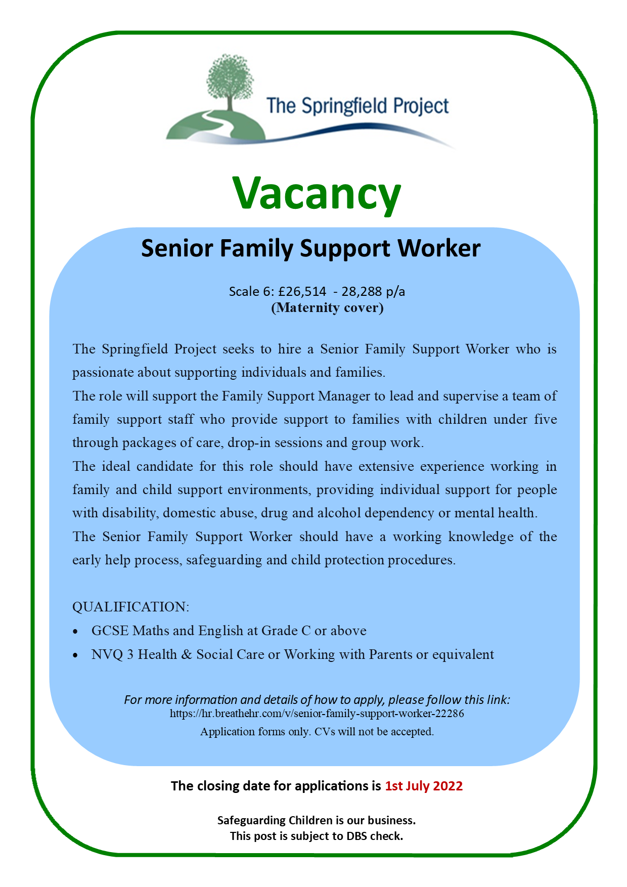 Senior Family Support Worker The Springfield Project