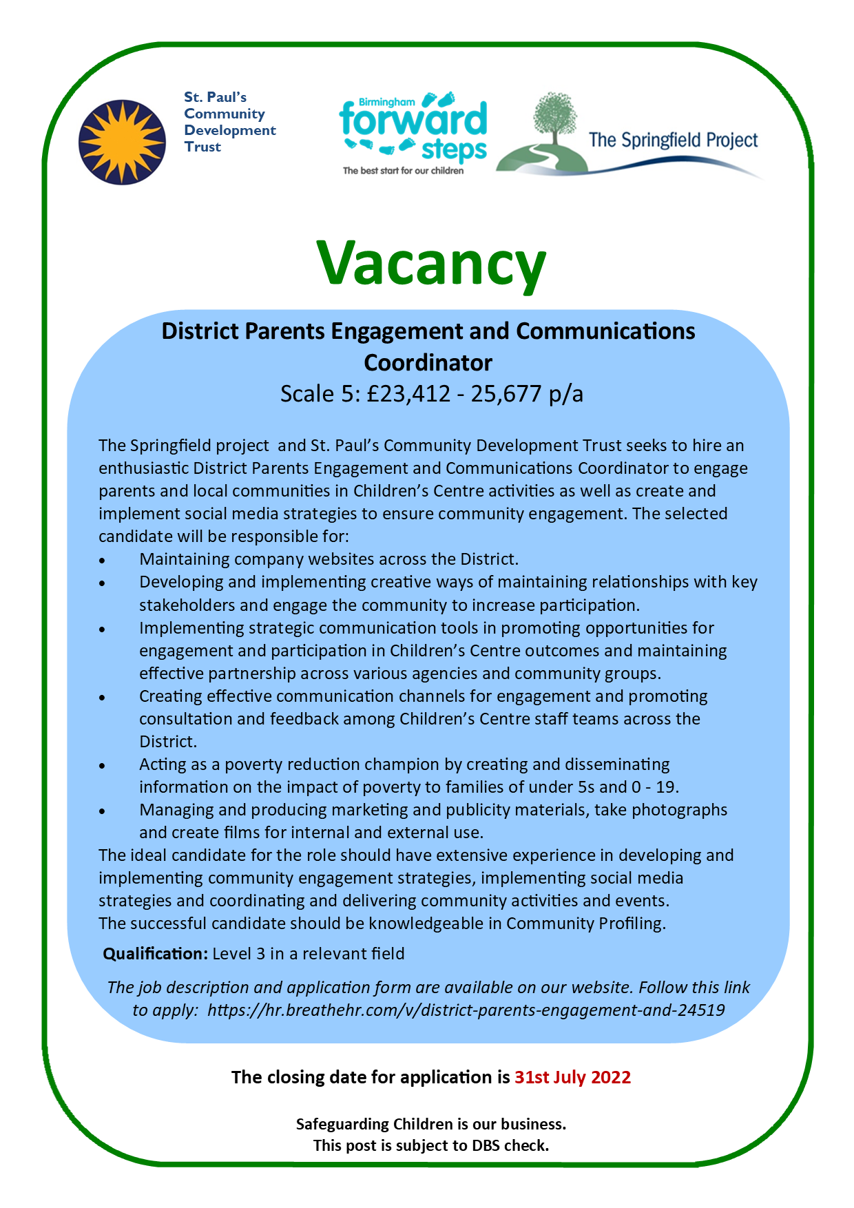 District Parents Engagement and Communications Coordinator The Springfield Project